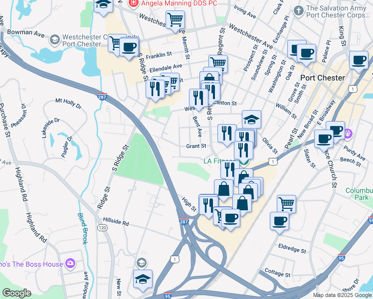 map of restaurants, bars, coffee shops, grocery stores, and more near 123 Touraine Avenue in Port Chester