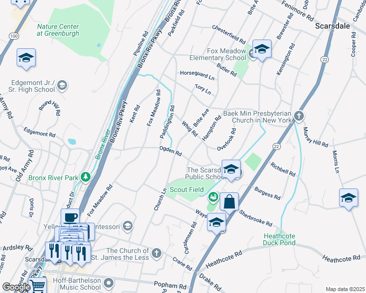 map of restaurants, bars, coffee shops, grocery stores, and more near 35 Ogden Road in Scarsdale
