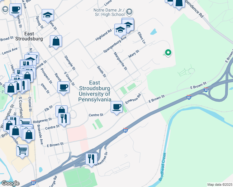 map of restaurants, bars, coffee shops, grocery stores, and more near 219-253 Smith Street in East Stroudsburg