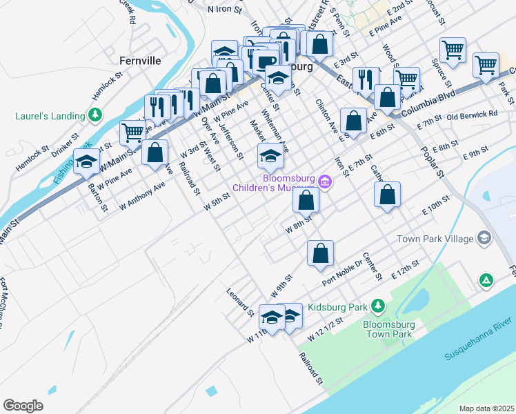 map of restaurants, bars, coffee shops, grocery stores, and more near 236 West 6th Street in Bloomsburg