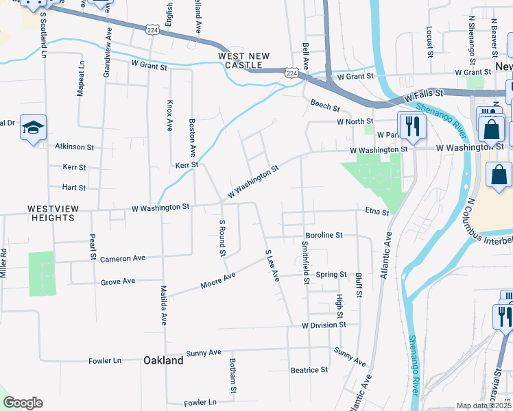 map of restaurants, bars, coffee shops, grocery stores, and more near 56 South Lee Avenue in New Castle