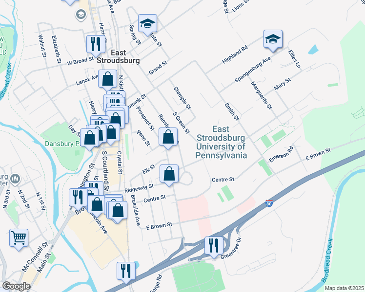 map of restaurants, bars, coffee shops, grocery stores, and more near 122 Ransberry Avenue in East Stroudsburg