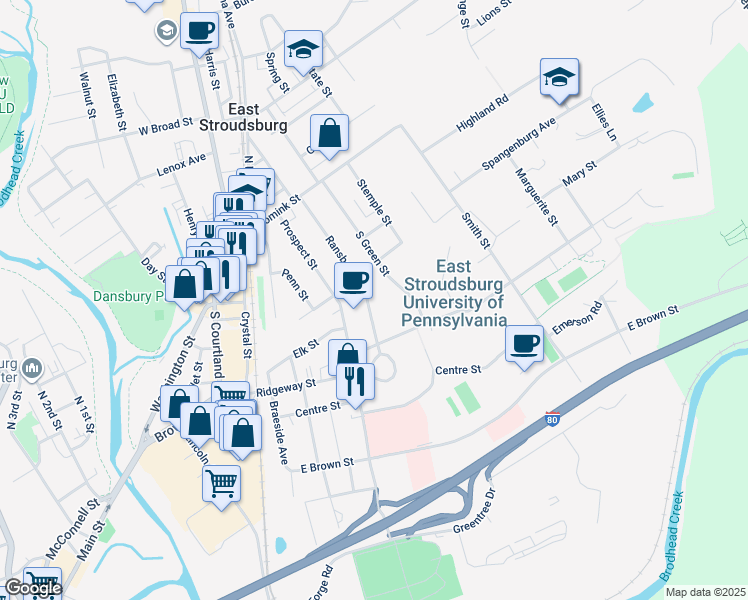 map of restaurants, bars, coffee shops, grocery stores, and more near 122 Ransberry Avenue in East Stroudsburg