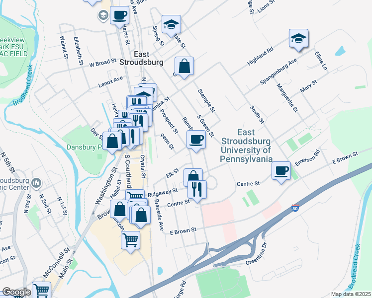 map of restaurants, bars, coffee shops, grocery stores, and more near 121 Prospect Street in East Stroudsburg