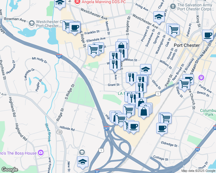 map of restaurants, bars, coffee shops, grocery stores, and more near 123 Touraine Avenue in Port Chester