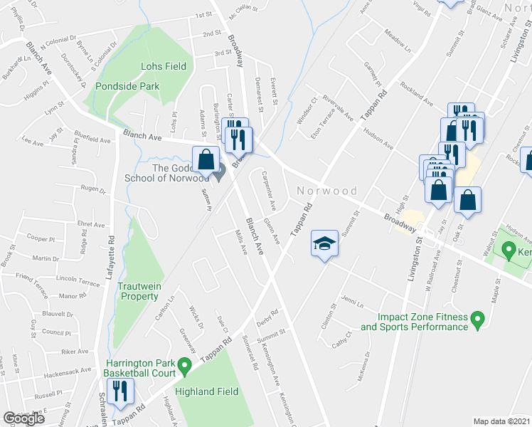 map of restaurants, bars, coffee shops, grocery stores, and more near 85 Glen Avenue in Norwood