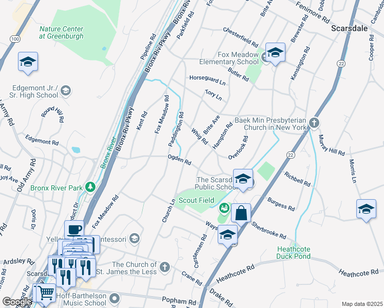 map of restaurants, bars, coffee shops, grocery stores, and more near 35 Ogden Road in Scarsdale