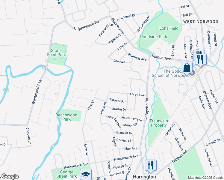 map of restaurants, bars, coffee shops, grocery stores, and more near 55 Cooper Place in Harrington Park
