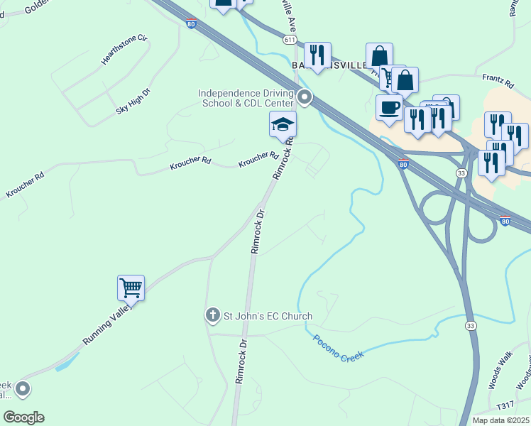 map of restaurants, bars, coffee shops, grocery stores, and more near 2672 Rimrock Drive in Stroudsburg