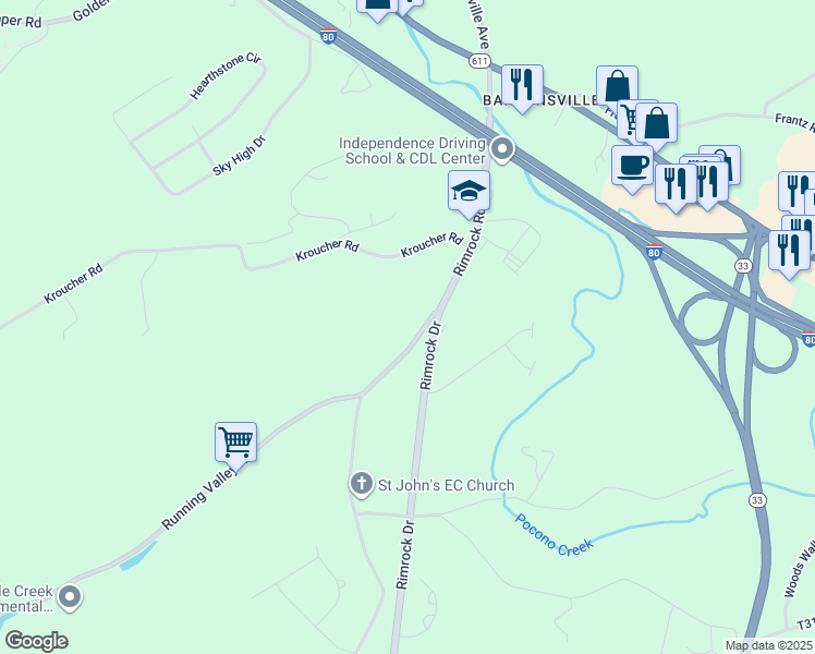 map of restaurants, bars, coffee shops, grocery stores, and more near 649 North Easton Belmont Pike in Stroudsburg
