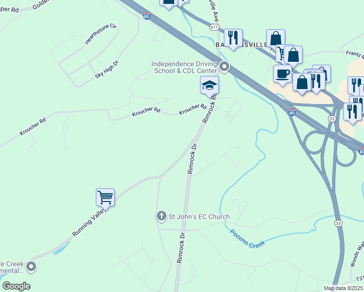 map of restaurants, bars, coffee shops, grocery stores, and more near 649 North Easton Belmont Pike in Stroudsburg