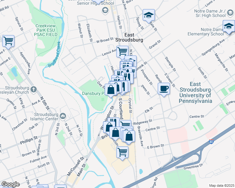 map of restaurants, bars, coffee shops, grocery stores, and more near 69 Washington Street in East Stroudsburg