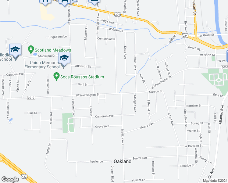 map of restaurants, bars, coffee shops, grocery stores, and more near 1502 West Washington Street in New Castle