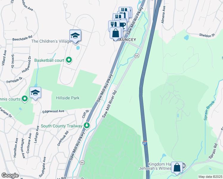 map of restaurants, bars, coffee shops, grocery stores, and more near 419 Saw Mill River Road in Hastings-on-Hudson