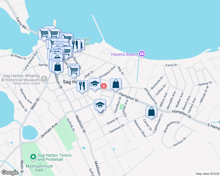 map of restaurants, bars, coffee shops, grocery stores, and more near 9 Ackerly Street in Sag Harbor
