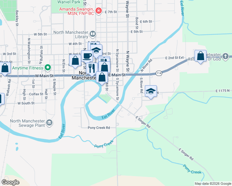 map of restaurants, bars, coffee shops, grocery stores, and more near 207-299 South Sycamore Street in North Manchester
