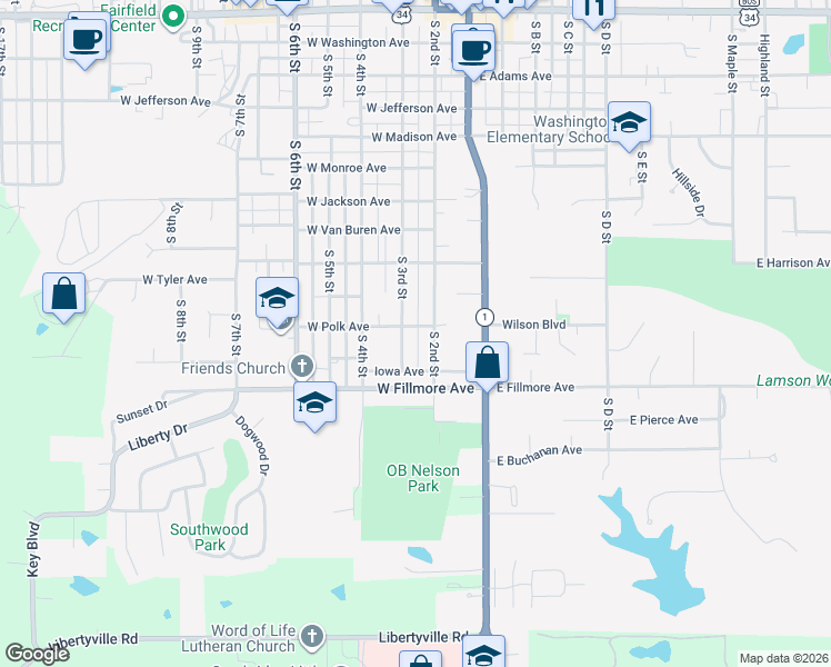 map of restaurants, bars, coffee shops, grocery stores, and more near 1110-1114 S 3rd St in Fairfield