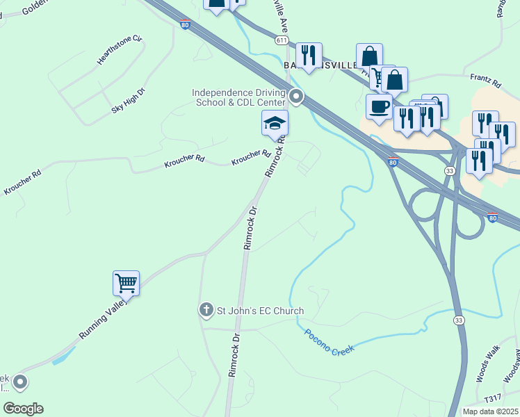 map of restaurants, bars, coffee shops, grocery stores, and more near 2672 Rimrock Drive in Stroudsburg