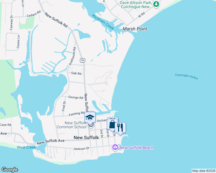 map of restaurants, bars, coffee shops, grocery stores, and more near 199 Old Harbor Road in New Suffolk