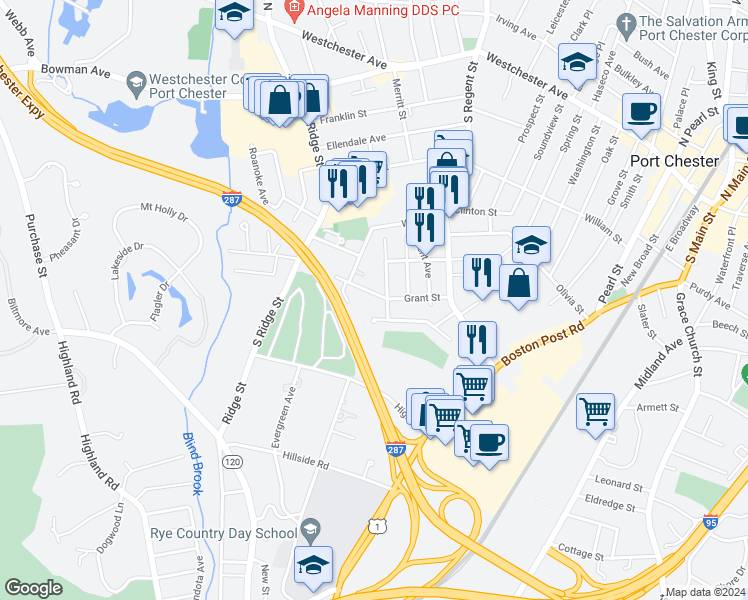 map of restaurants, bars, coffee shops, grocery stores, and more near 78 Grandview Avenue in Port Chester