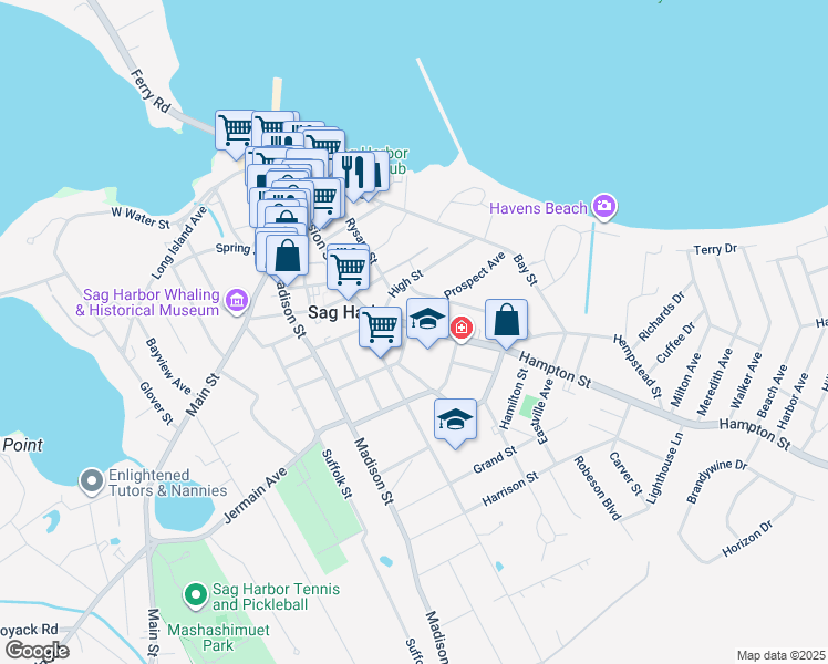 map of restaurants, bars, coffee shops, grocery stores, and more near 22 Franklin Avenue in Sag Harbor