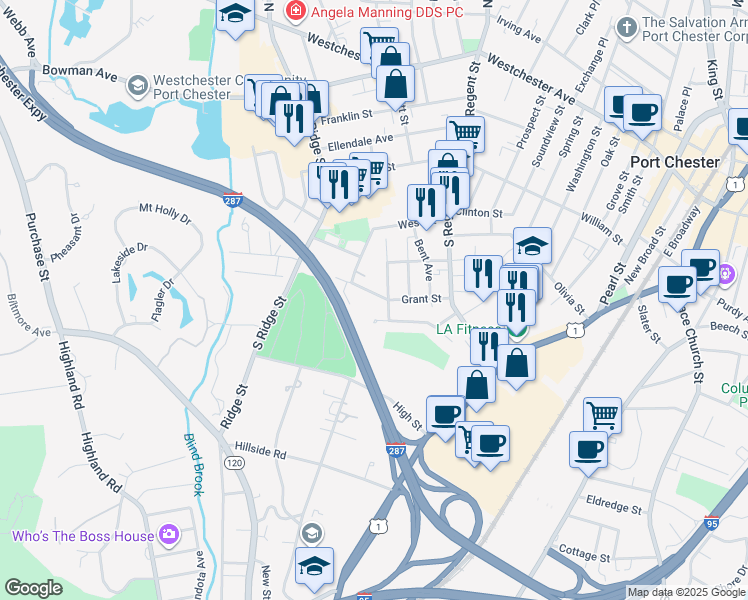 map of restaurants, bars, coffee shops, grocery stores, and more near 78 Grandview Avenue in Port Chester