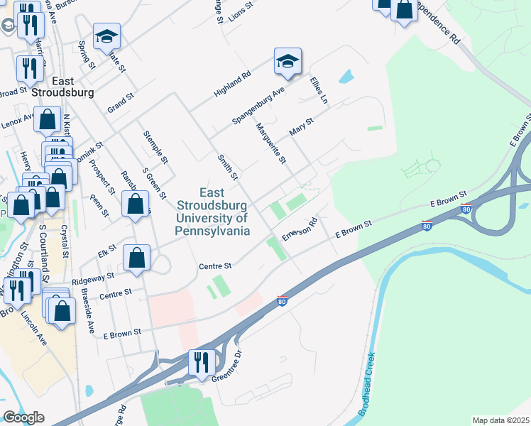map of restaurants, bars, coffee shops, grocery stores, and more near 401 Normal Street in East Stroudsburg
