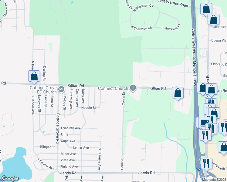 map of restaurants, bars, coffee shops, grocery stores, and more near 500 County Highway 135 in Akron
