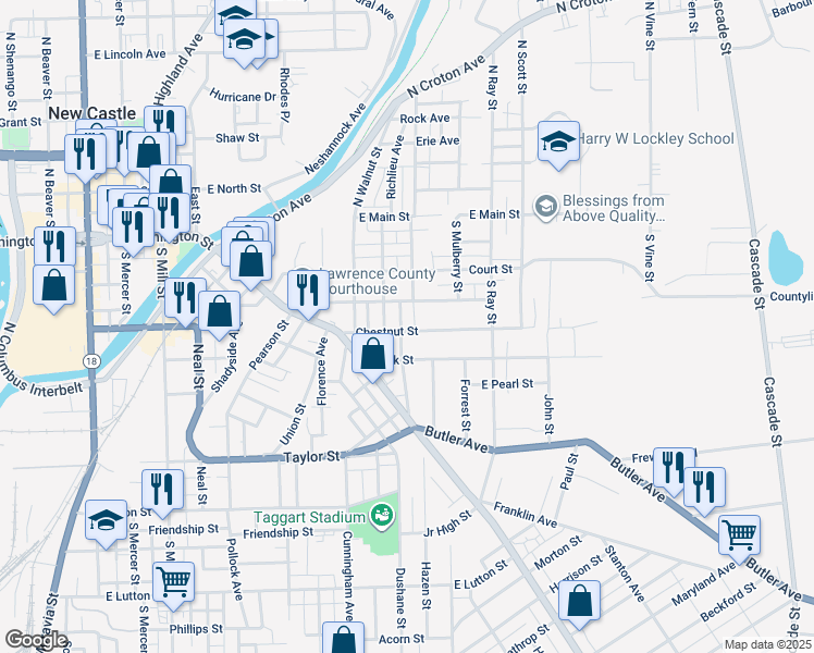 map of restaurants, bars, coffee shops, grocery stores, and more near 702 Countyline Street in New Castle