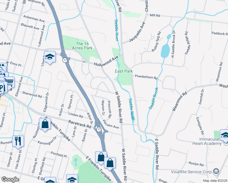 map of restaurants, bars, coffee shops, grocery stores, and more near 743 West Saddle River Road in Ho-Ho-Kus