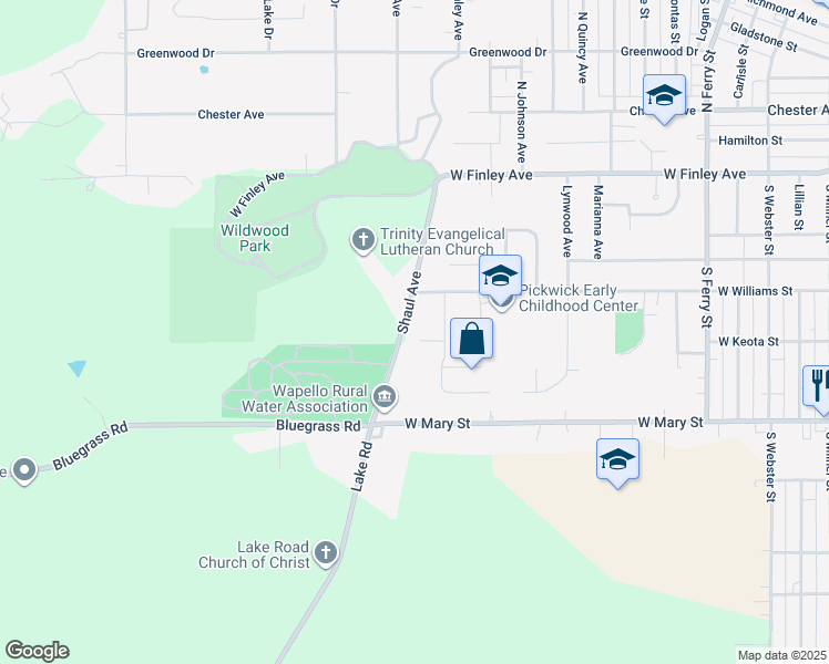 map of restaurants, bars, coffee shops, grocery stores, and more near 1419 Sunrise Circle in Ottumwa