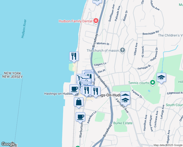 map of restaurants, bars, coffee shops, grocery stores, and more near 2 Fraser Place in Hastings-on-Hudson