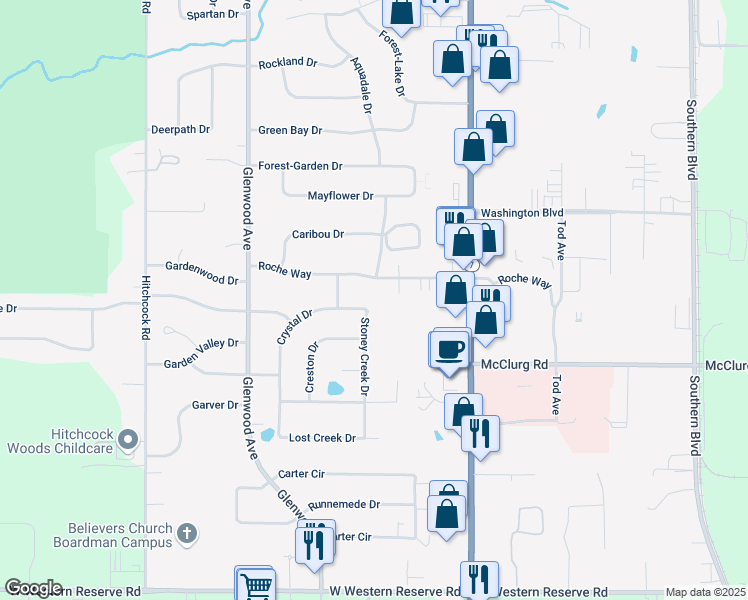 map of restaurants, bars, coffee shops, grocery stores, and more near 133 Roche Way in Youngstown