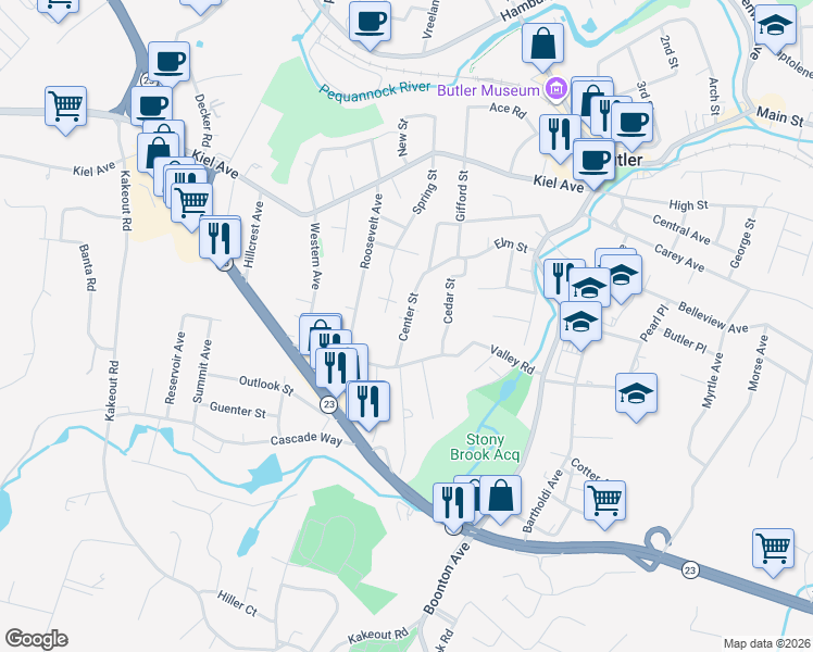 map of restaurants, bars, coffee shops, grocery stores, and more near 28 Center Street in Butler