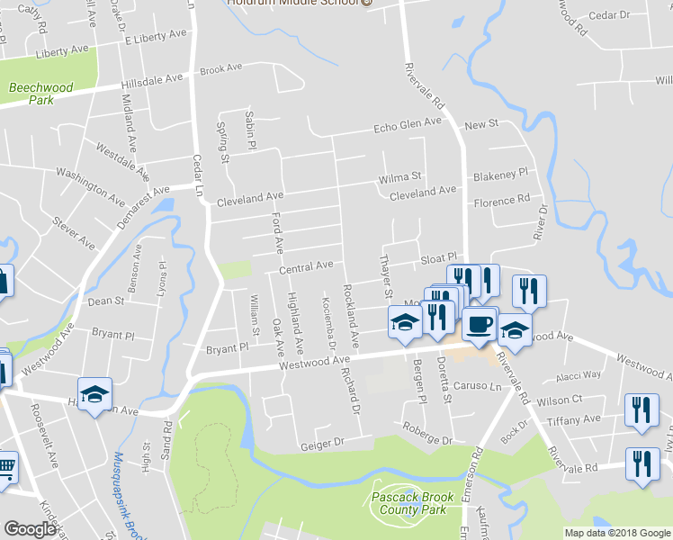 map of restaurants, bars, coffee shops, grocery stores, and more near 247 Rockland Avenue in Westwood