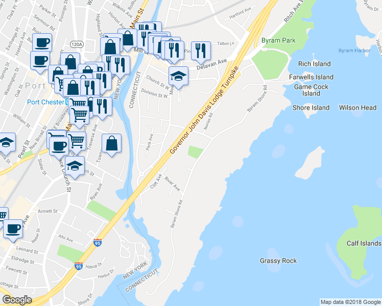 map of restaurants, bars, coffee shops, grocery stores, and more near 98 Byram Shore Road in Greenwich