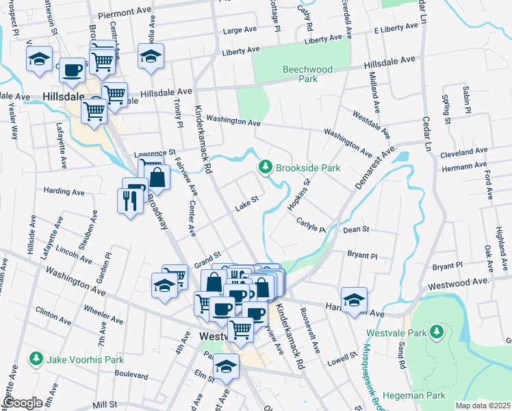 map of restaurants, bars, coffee shops, grocery stores, and more near 1 Brookside Avenue in Westwood