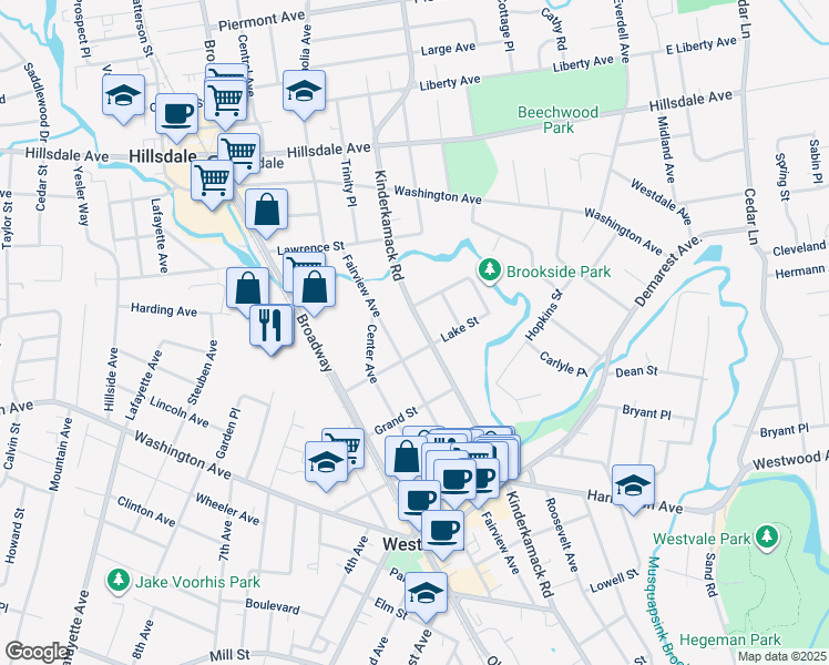 map of restaurants, bars, coffee shops, grocery stores, and more near 485 Kinderkamack Road in Westwood