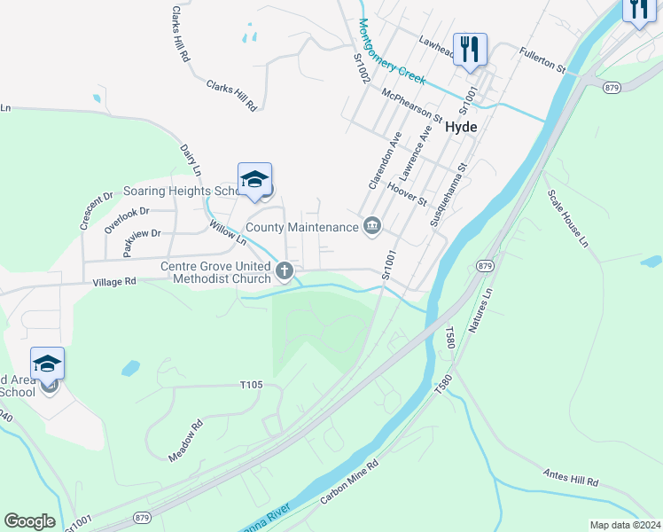 map of restaurants, bars, coffee shops, grocery stores, and more near 991 Village Road in Clearfield