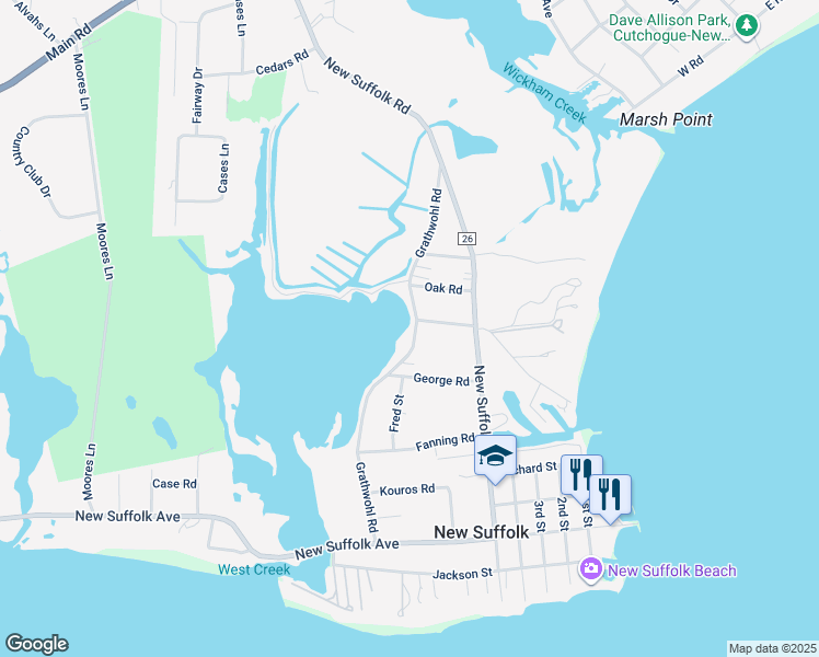 map of restaurants, bars, coffee shops, grocery stores, and more near 2585 Grathwohl Road in New Suffolk