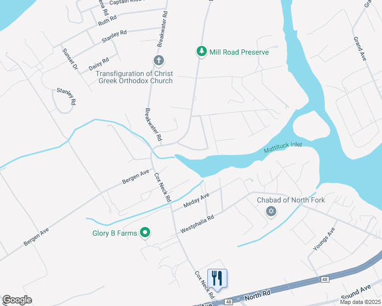 map of restaurants, bars, coffee shops, grocery stores, and more near 400 Jackson Landing in Mattituck