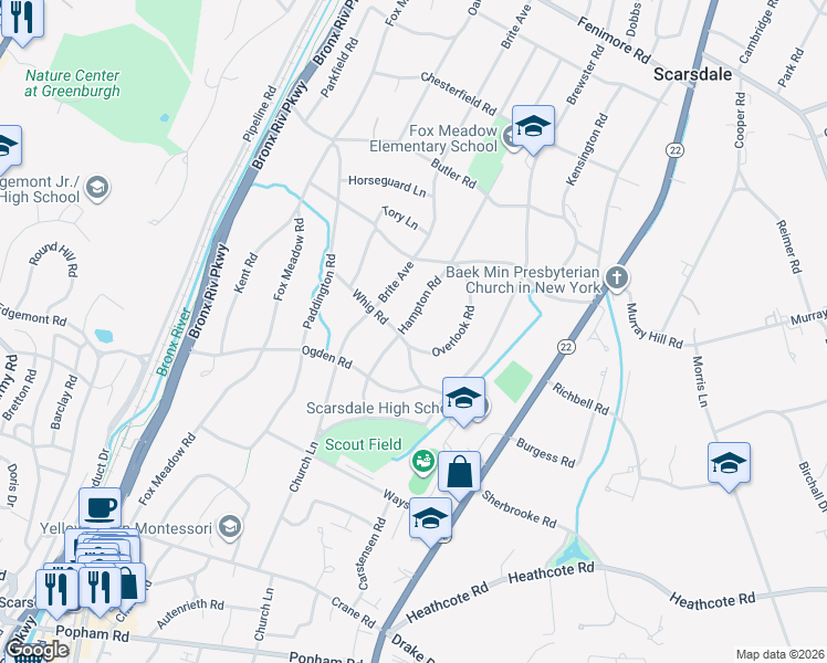map of restaurants, bars, coffee shops, grocery stores, and more near 22 Hampton Road in Scarsdale