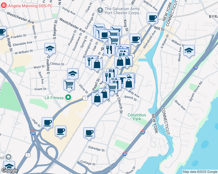 map of restaurants, bars, coffee shops, grocery stores, and more near 135 South Main Street in Port Chester