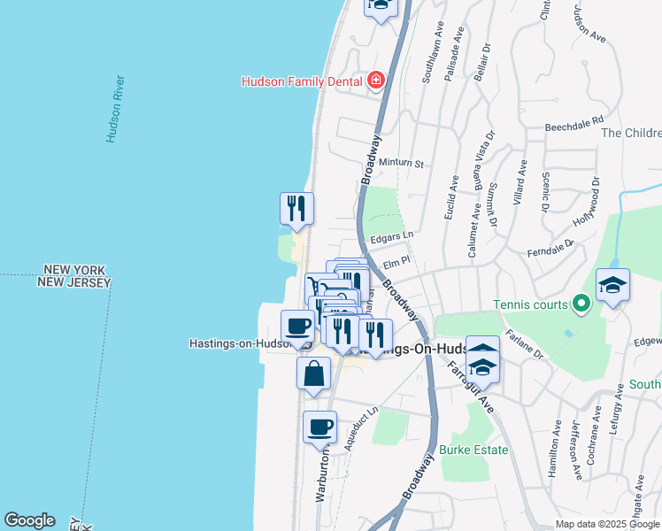 map of restaurants, bars, coffee shops, grocery stores, and more near 94 Maple Avenue in Hastings-on-Hudson