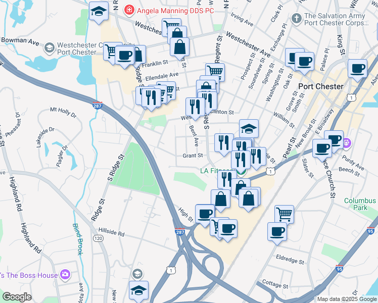 map of restaurants, bars, coffee shops, grocery stores, and more near 87 Inwood Avenue in Port Chester