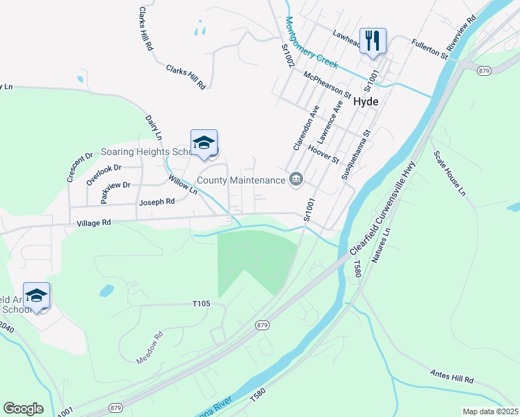 map of restaurants, bars, coffee shops, grocery stores, and more near 991 Village Road in Clearfield