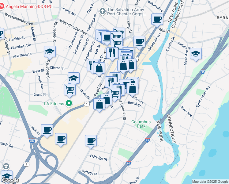 map of restaurants, bars, coffee shops, grocery stores, and more near 194 South Main Street in Port Chester