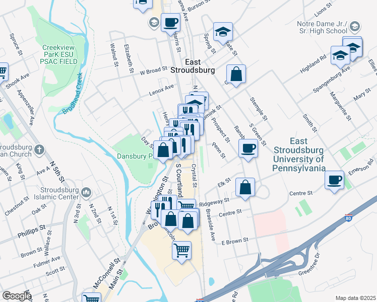 map of restaurants, bars, coffee shops, grocery stores, and more near 48 Crystal Street in East Stroudsburg
