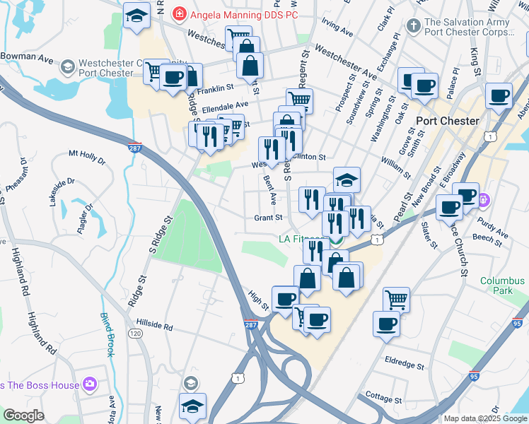 map of restaurants, bars, coffee shops, grocery stores, and more near 87 Inwood Avenue in Port Chester