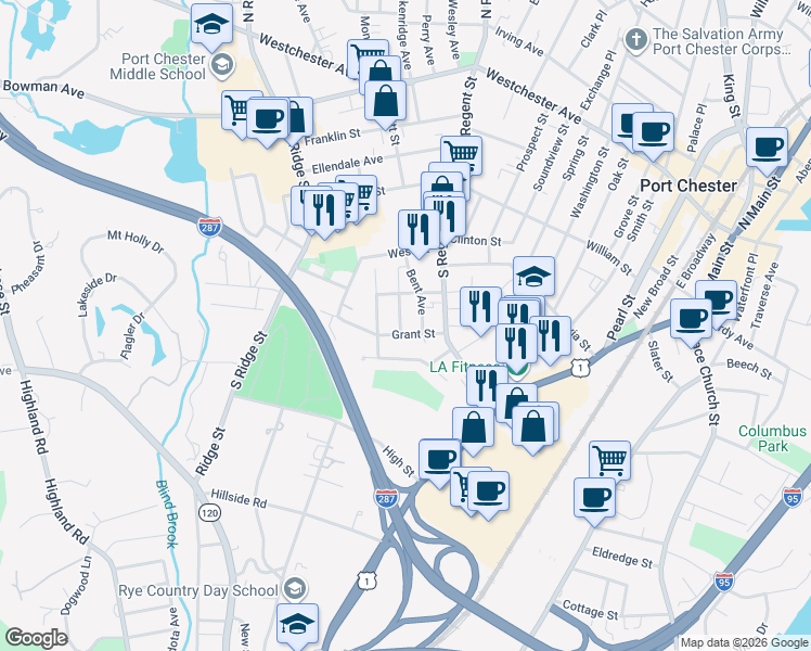 map of restaurants, bars, coffee shops, grocery stores, and more near 87 Inwood Avenue in Port Chester